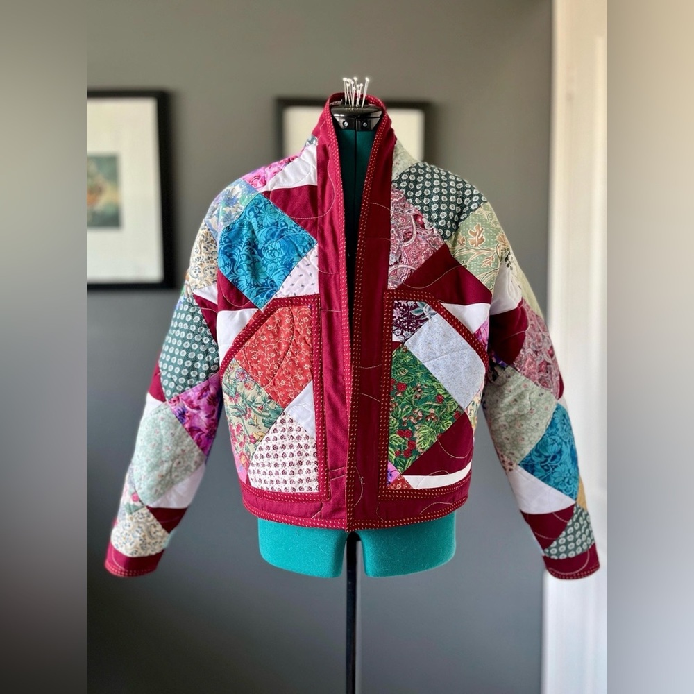 Handmade patchwork quilt cardigan, cropped shawl collar jacket, ladies' XS-M - Picture 1 of 11